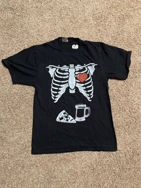 X-ray Skeleton/Heart (loving) Pizza & Beer Graphic Black T-shirt - S